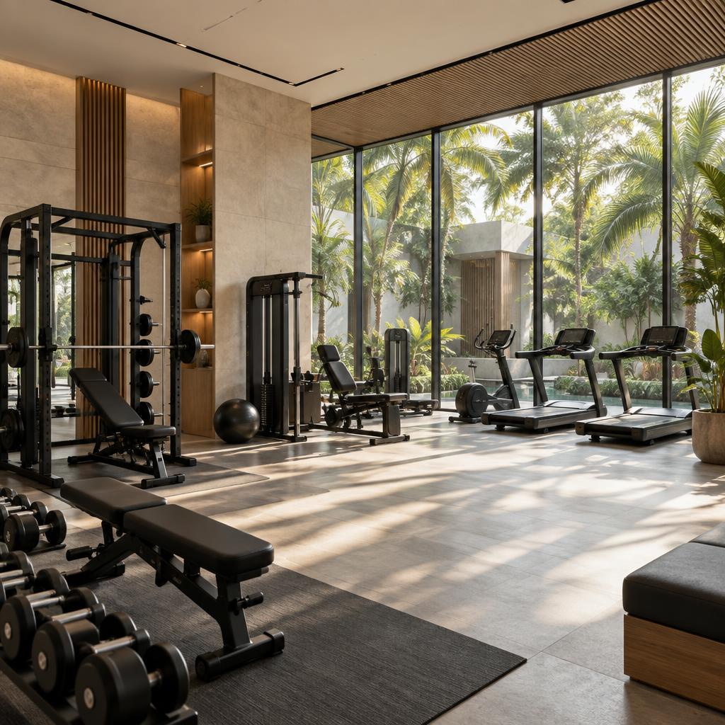 Concept fitness centre overlooking a green courtyard