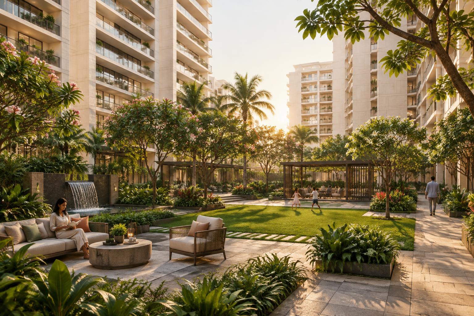 Concept landscaped garden with shaded seating and lush greenery