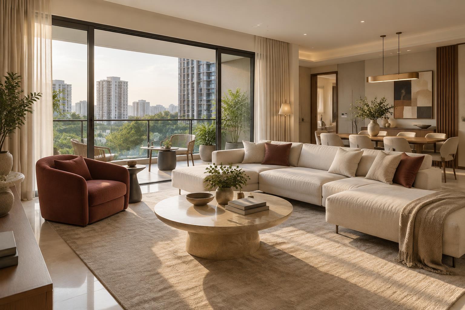Concept two-bedroom residence living and dining room opening to a balcony